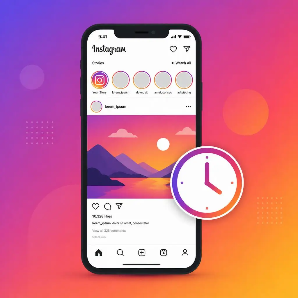 Clock and smartphone graphic representing the best time to post on Instagram