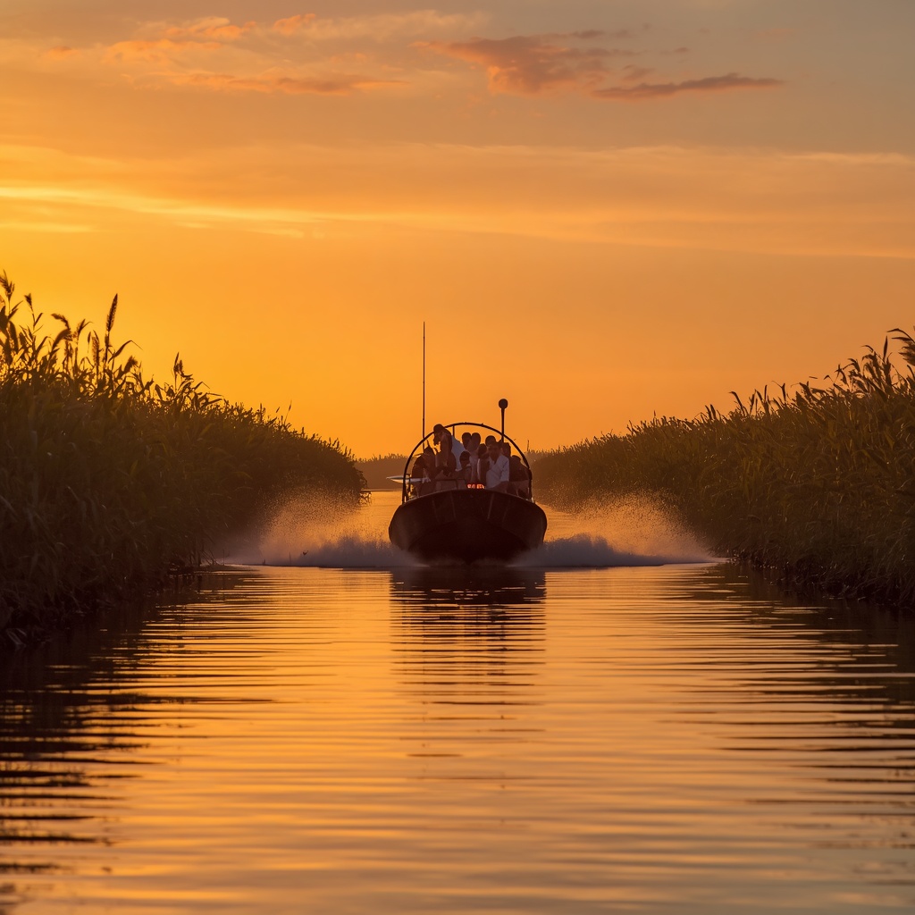 Florida Everglades airboat tour gliding across open marsh at sunset.