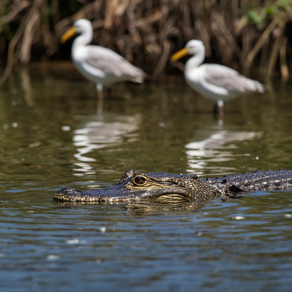 Alligator and wading birds spotted during a Florida Everglades airboat tour.