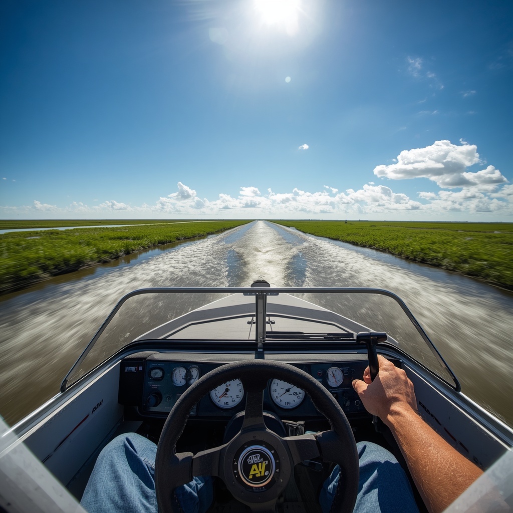 Guest driving an airboat through the Everglades with Ride the Wind